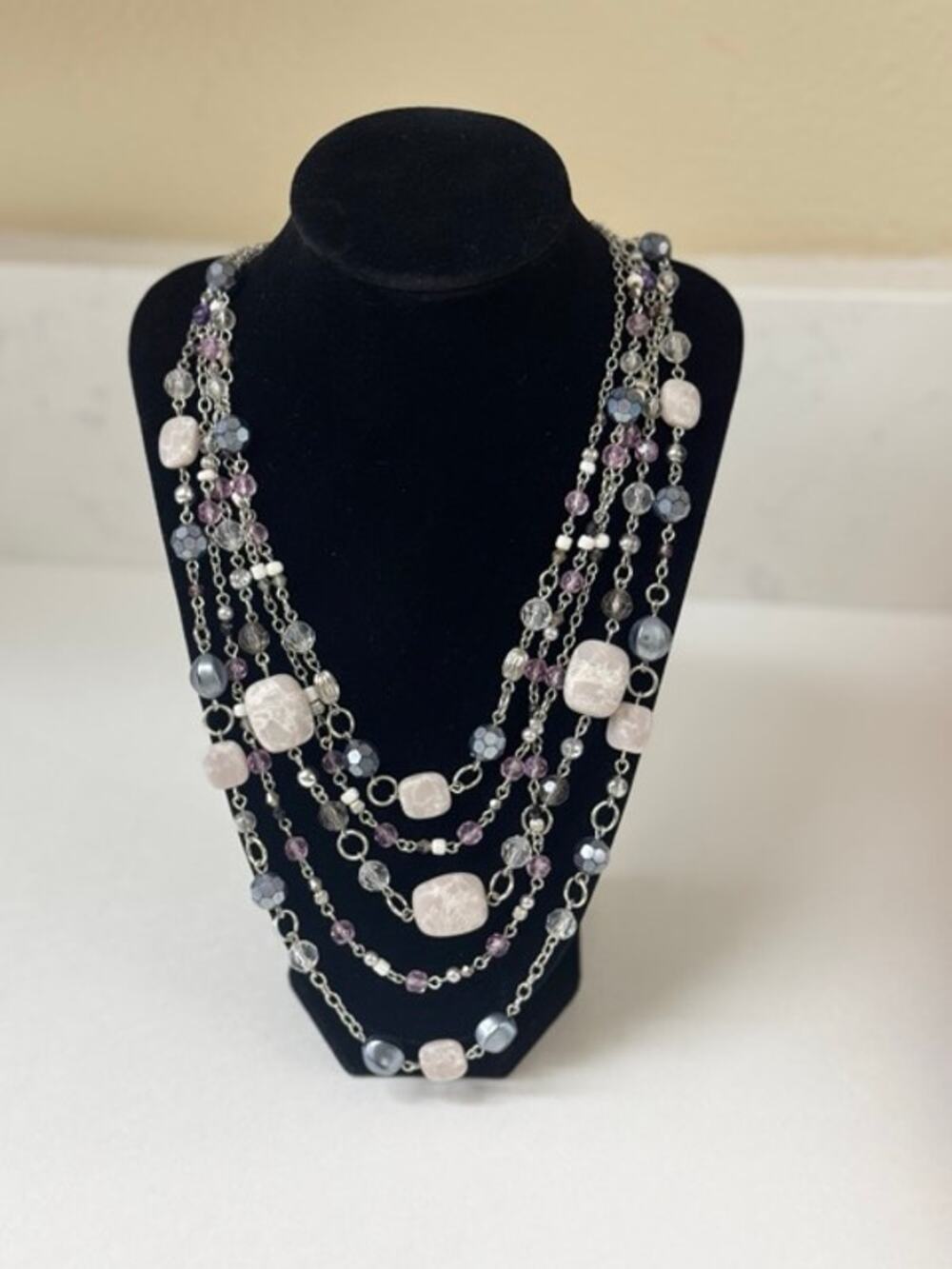 Lia Sophia Sugar Plum 5 Strand Statement Necklace Silver Tone Purple Pink Quartz